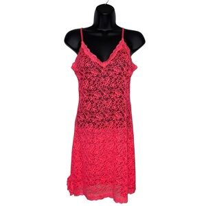 Fairy Mesh Floral Lace Hot Neon Pink Slip Dress Sheer with Adjustable Straps